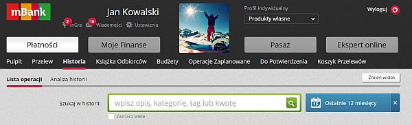 Historia operacji - mBank
